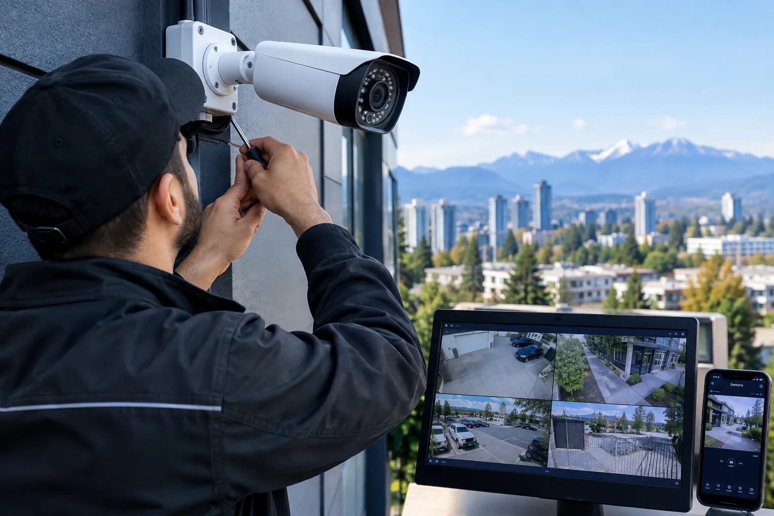 Security camera installed on the exterior of a commercial building in Surrey, British Columbia.
