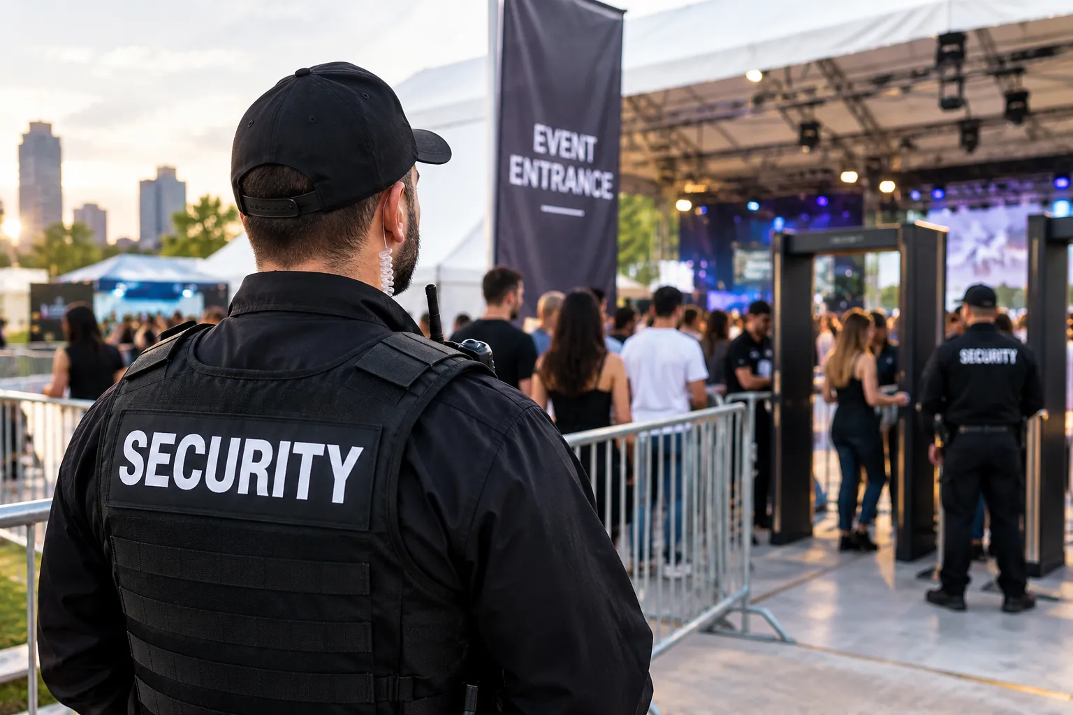 Optima Security event security guard managing entry at a Surrey venue.