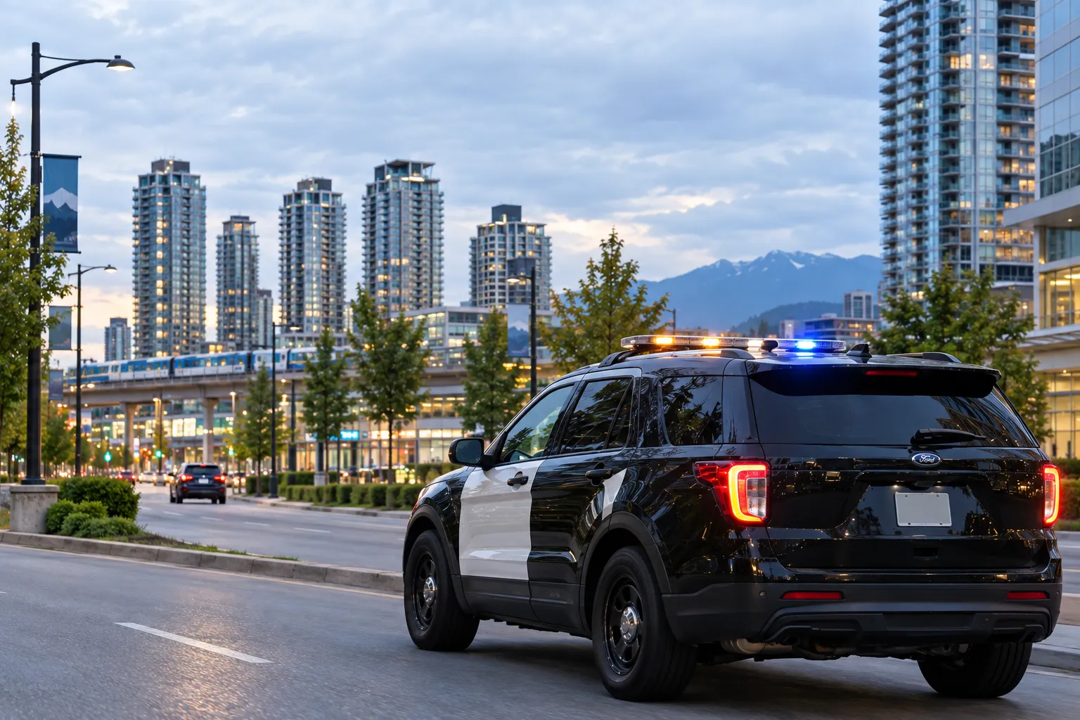 Marked Optima Security mobile patrol vehicle on a route in Surrey, British Columbia.
