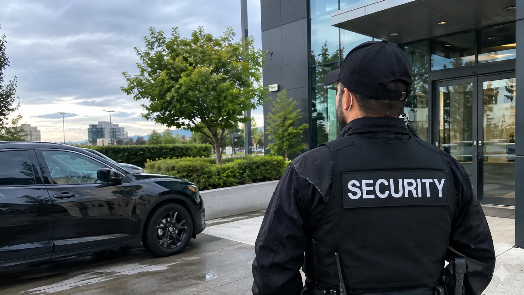Optima Security guard on duty at a commercial property in Surrey, British Columbia.